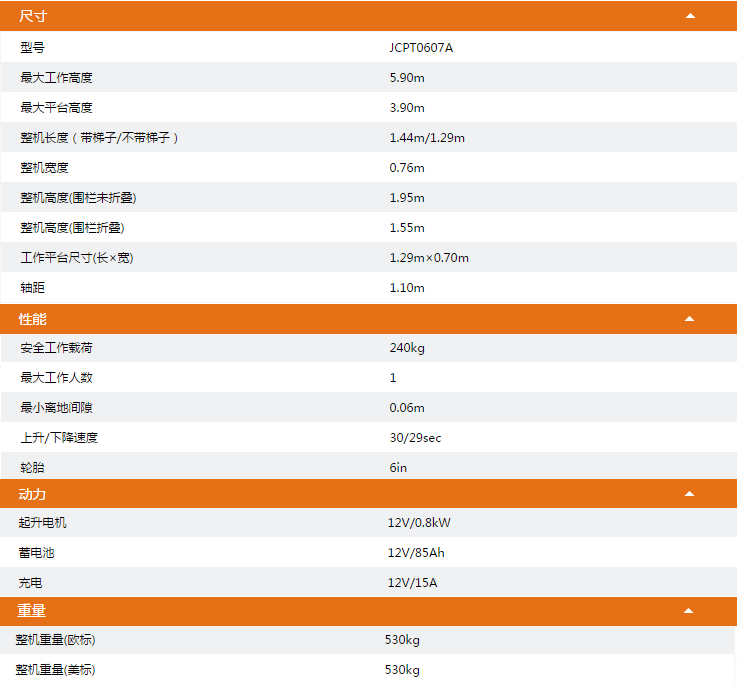 移動剪叉式高空作業平臺JCPT0607A技術參數